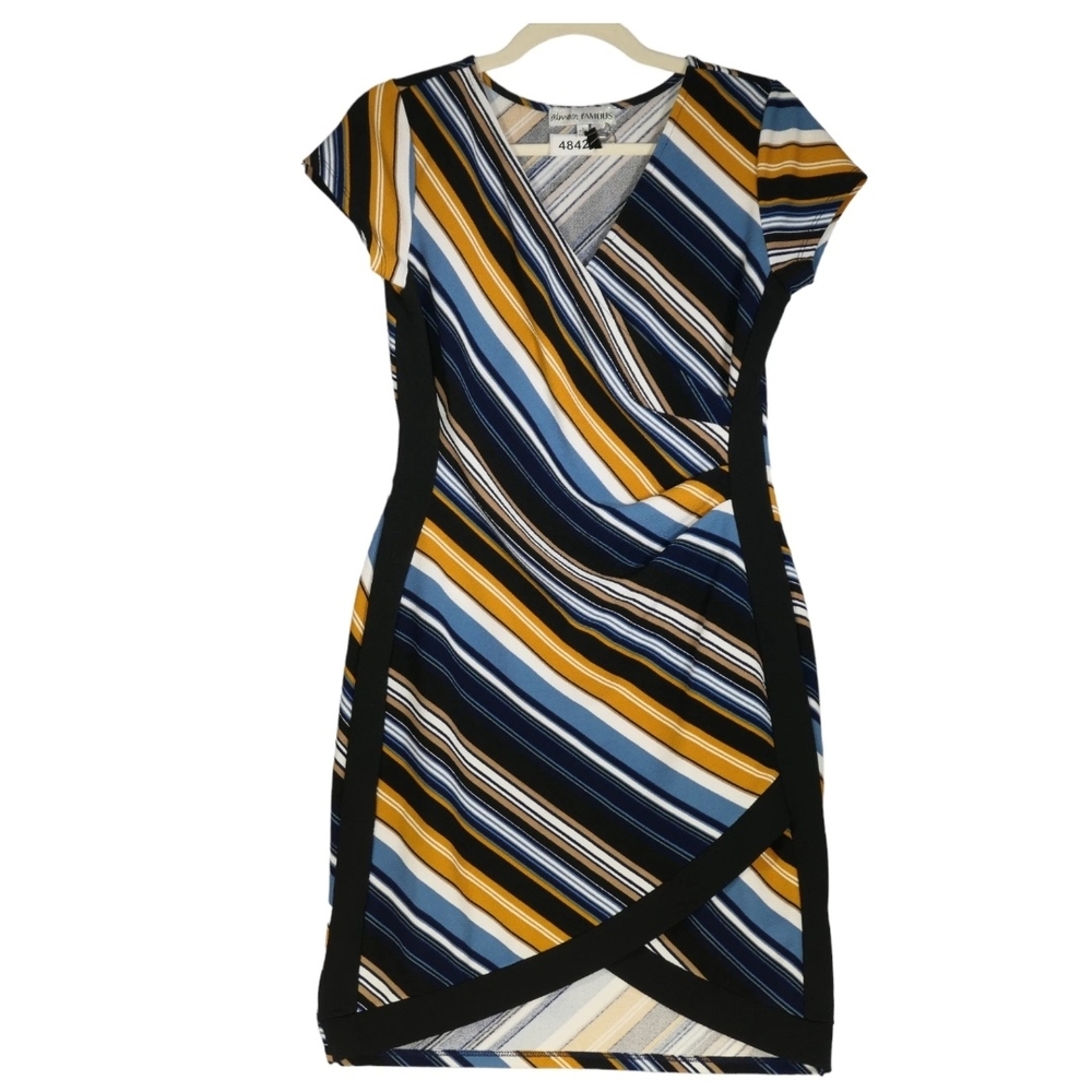 AlmostFamous Black Trim Mult Color Stripes Ruched Asymmetrical Dress M NWT